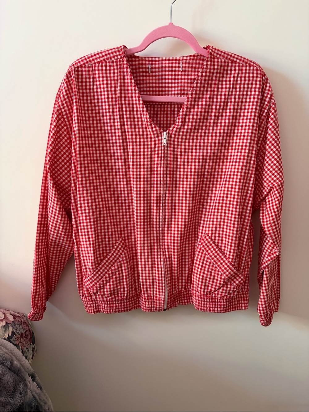 Vintage Cottagecore Lightweight Gingham Zip up Jacket with shoulder pads